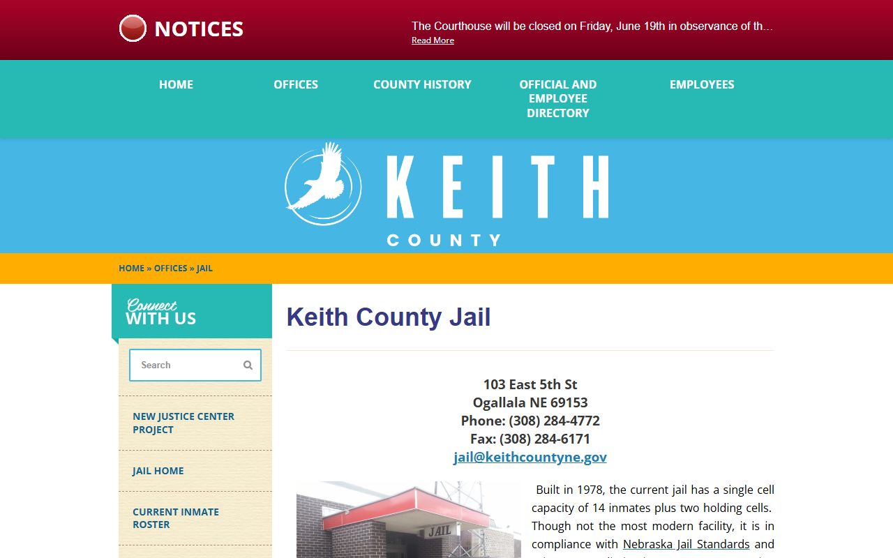 Keith County Jail official page with address, phone, capacity note, and roster links