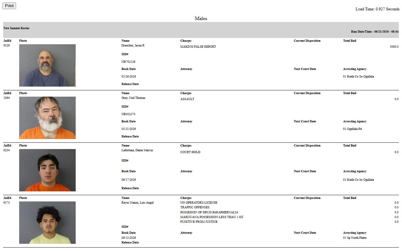 Keith County current inmate roster with run date, roster rows, photos, charges, bail, and population total