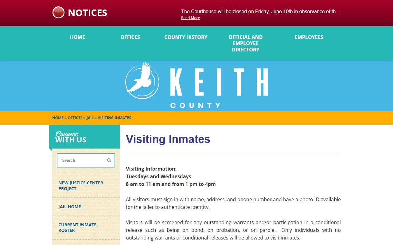 Keith County Jail visitation schedule and inmate visiting rules