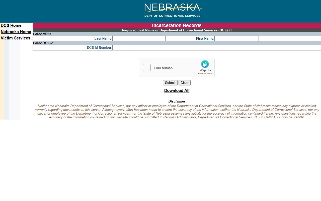 Nebraska Department of Correctional Services incarcerated individual search form
